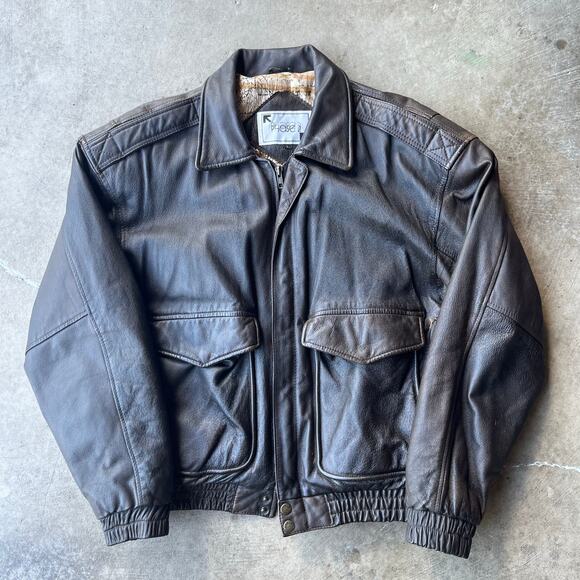 VINTAGE 90S LEATHER BOMBER JACKET A-2 FLIGHT LARGE BROWN PHASE 2